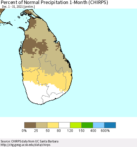 Sri Lanka Percent of Normal Precipitation 1-Month (CHIRPS) Thematic Map For 12/1/2021 - 12/31/2021