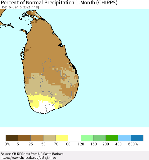Sri Lanka Percent of Normal Precipitation 1-Month (CHIRPS) Thematic Map For 12/6/2021 - 1/5/2022
