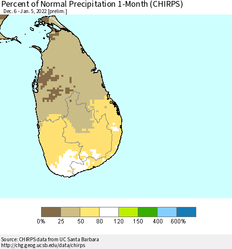 Sri Lanka Percent of Normal Precipitation 1-Month (CHIRPS) Thematic Map For 12/6/2021 - 1/5/2022