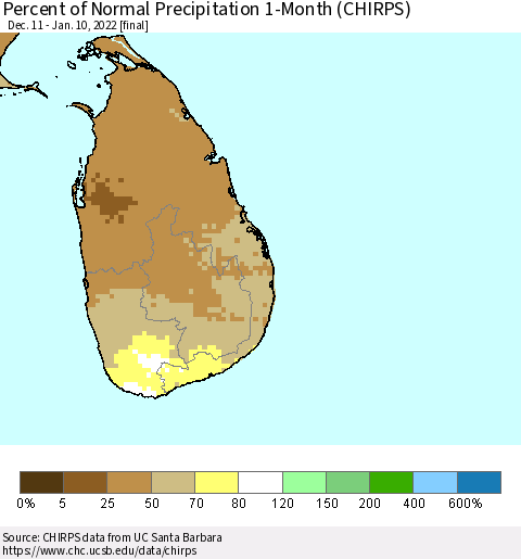 Sri Lanka Percent of Normal Precipitation 1-Month (CHIRPS) Thematic Map For 12/11/2021 - 1/10/2022