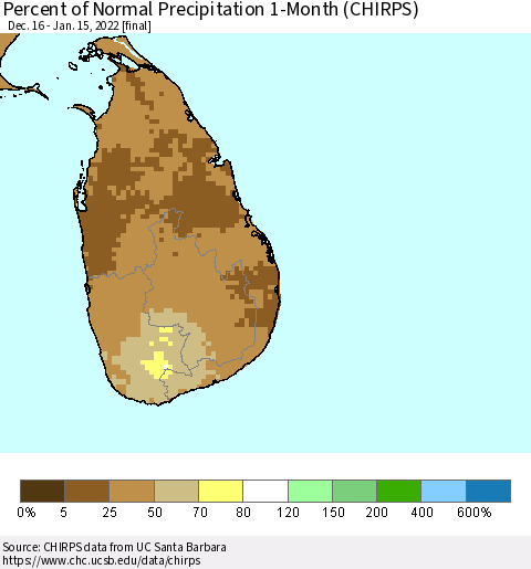 Sri Lanka Percent of Normal Precipitation 1-Month (CHIRPS) Thematic Map For 12/16/2021 - 1/15/2022