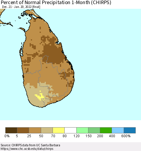 Sri Lanka Percent of Normal Precipitation 1-Month (CHIRPS) Thematic Map For 12/21/2021 - 1/20/2022