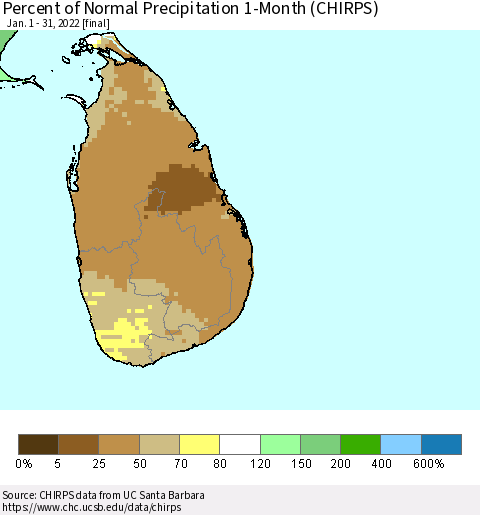 Sri Lanka Percent of Normal Precipitation 1-Month (CHIRPS) Thematic Map For 1/1/2022 - 1/31/2022