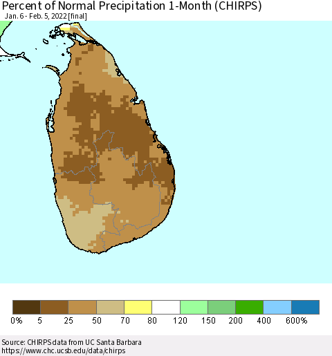 Sri Lanka Percent of Normal Precipitation 1-Month (CHIRPS) Thematic Map For 1/6/2022 - 2/5/2022