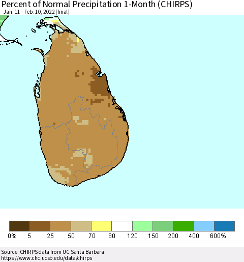 Sri Lanka Percent of Normal Precipitation 1-Month (CHIRPS) Thematic Map For 1/11/2022 - 2/10/2022