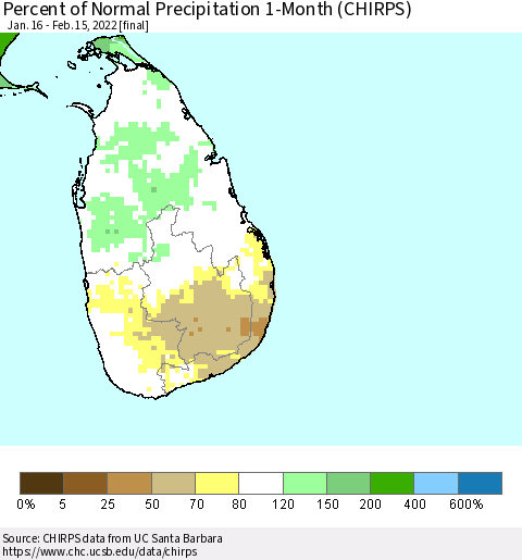 Sri Lanka Percent of Normal Precipitation 1-Month (CHIRPS) Thematic Map For 1/16/2022 - 2/15/2022