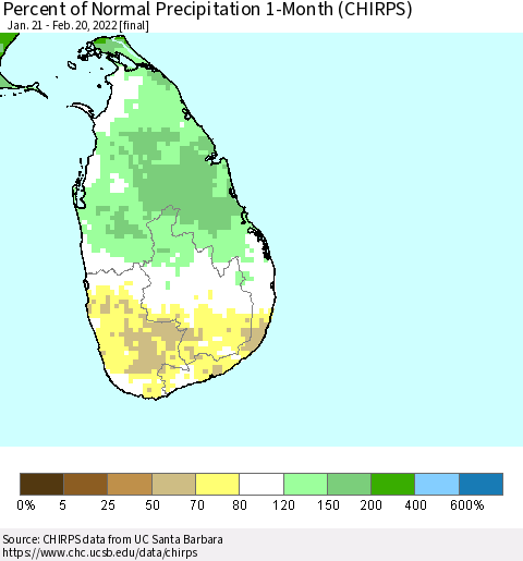 Sri Lanka Percent of Normal Precipitation 1-Month (CHIRPS) Thematic Map For 1/21/2022 - 2/20/2022