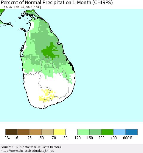 Sri Lanka Percent of Normal Precipitation 1-Month (CHIRPS) Thematic Map For 1/26/2022 - 2/25/2022