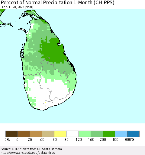 Sri Lanka Percent of Normal Precipitation 1-Month (CHIRPS) Thematic Map For 2/1/2022 - 2/28/2022