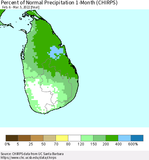 Sri Lanka Percent of Normal Precipitation 1-Month (CHIRPS) Thematic Map For 2/6/2022 - 3/5/2022