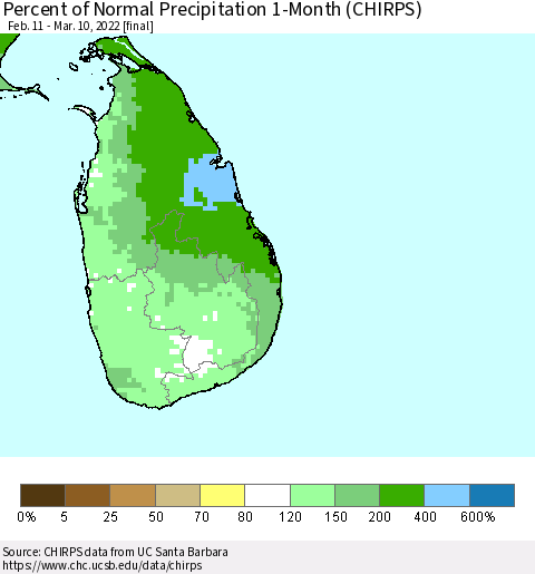 Sri Lanka Percent of Normal Precipitation 1-Month (CHIRPS) Thematic Map For 2/11/2022 - 3/10/2022