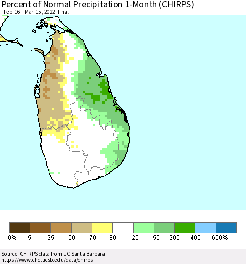 Sri Lanka Percent of Normal Precipitation 1-Month (CHIRPS) Thematic Map For 2/16/2022 - 3/15/2022