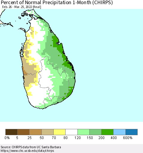 Sri Lanka Percent of Normal Precipitation 1-Month (CHIRPS) Thematic Map For 2/26/2022 - 3/25/2022