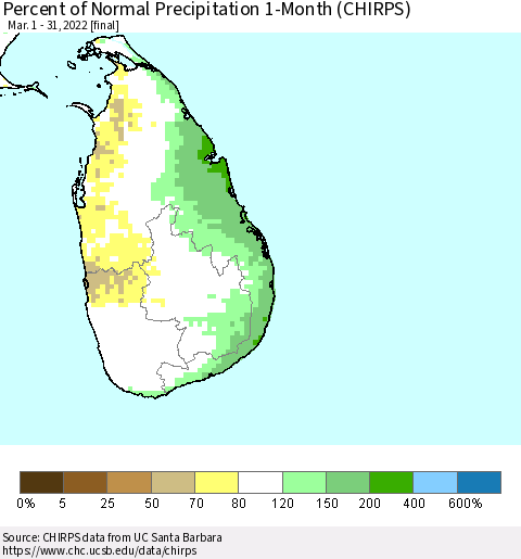 Sri Lanka Percent of Normal Precipitation 1-Month (CHIRPS) Thematic Map For 3/1/2022 - 3/31/2022