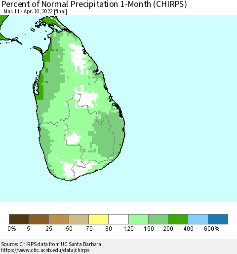Sri Lanka Percent of Normal Precipitation 1-Month (CHIRPS) Thematic Map For 3/11/2022 - 4/10/2022
