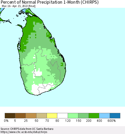 Sri Lanka Percent of Normal Precipitation 1-Month (CHIRPS) Thematic Map For 3/16/2022 - 4/15/2022