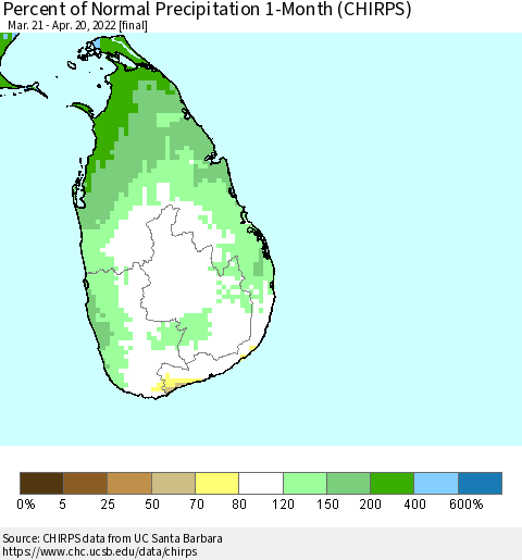 Sri Lanka Percent of Normal Precipitation 1-Month (CHIRPS) Thematic Map For 3/21/2022 - 4/20/2022