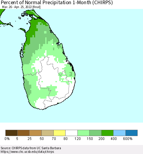 Sri Lanka Percent of Normal Precipitation 1-Month (CHIRPS) Thematic Map For 3/26/2022 - 4/25/2022