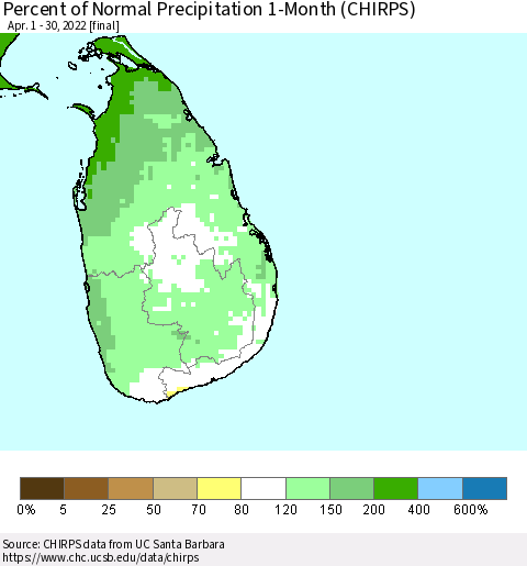 Sri Lanka Percent of Normal Precipitation 1-Month (CHIRPS) Thematic Map For 4/1/2022 - 4/30/2022