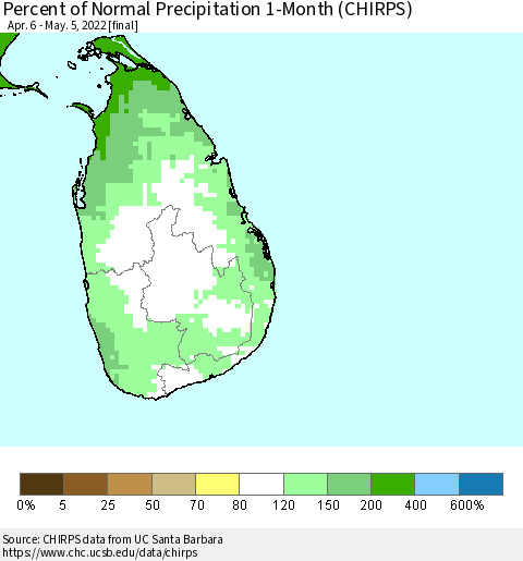 Sri Lanka Percent of Normal Precipitation 1-Month (CHIRPS) Thematic Map For 4/6/2022 - 5/5/2022