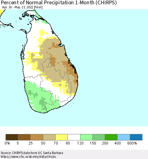 Sri Lanka Percent of Normal Precipitation 1-Month (CHIRPS) Thematic Map For 4/16/2022 - 5/15/2022
