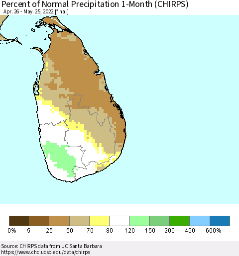 Sri Lanka Percent of Normal Precipitation 1-Month (CHIRPS) Thematic Map For 4/26/2022 - 5/25/2022