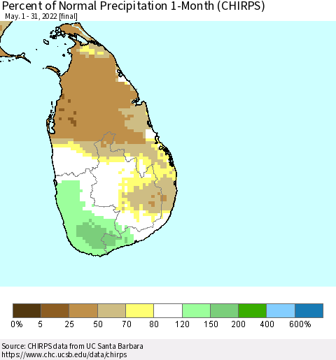 Sri Lanka Percent of Normal Precipitation 1-Month (CHIRPS) Thematic Map For 5/1/2022 - 5/31/2022