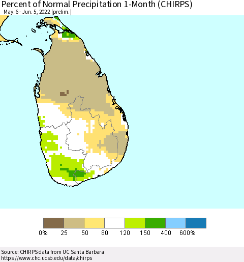 Sri Lanka Percent of Normal Precipitation 1-Month (CHIRPS) Thematic Map For 5/6/2022 - 6/5/2022