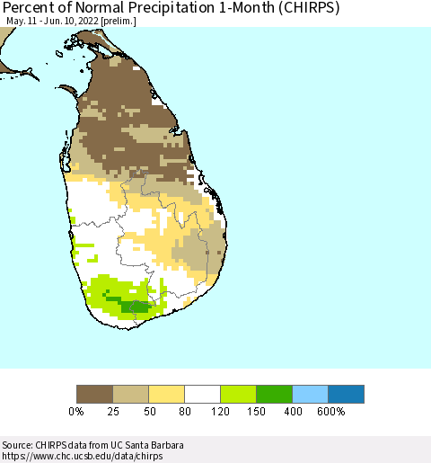 Sri Lanka Percent of Normal Precipitation 1-Month (CHIRPS) Thematic Map For 5/11/2022 - 6/10/2022