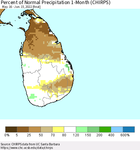 Sri Lanka Percent of Normal Precipitation 1-Month (CHIRPS) Thematic Map For 5/16/2022 - 6/15/2022