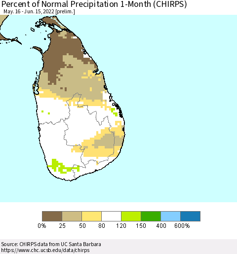 Sri Lanka Percent of Normal Precipitation 1-Month (CHIRPS) Thematic Map For 5/16/2022 - 6/15/2022