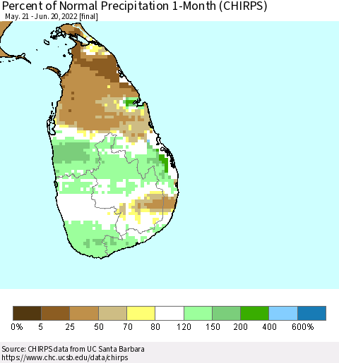 Sri Lanka Percent of Normal Precipitation 1-Month (CHIRPS) Thematic Map For 5/21/2022 - 6/20/2022