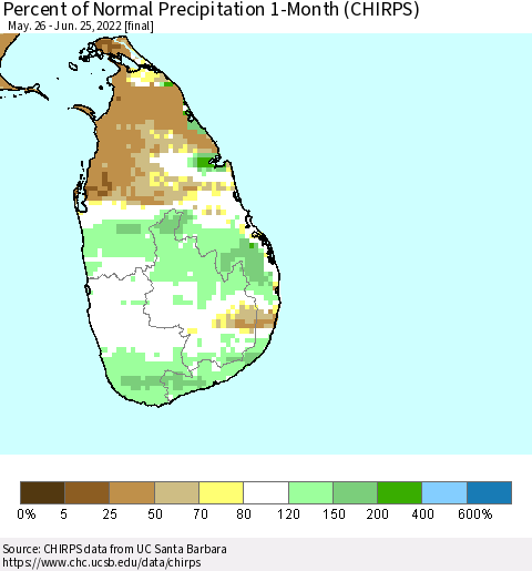 Sri Lanka Percent of Normal Precipitation 1-Month (CHIRPS) Thematic Map For 5/26/2022 - 6/25/2022