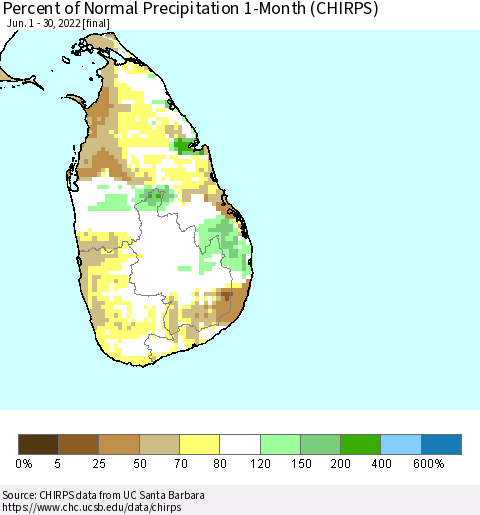 Sri Lanka Percent of Normal Precipitation 1-Month (CHIRPS) Thematic Map For 6/1/2022 - 6/30/2022