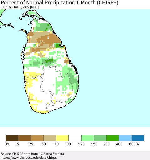 Sri Lanka Percent of Normal Precipitation 1-Month (CHIRPS) Thematic Map For 6/6/2022 - 7/5/2022