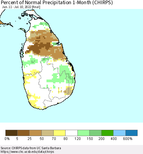 Sri Lanka Percent of Normal Precipitation 1-Month (CHIRPS) Thematic Map For 6/11/2022 - 7/10/2022