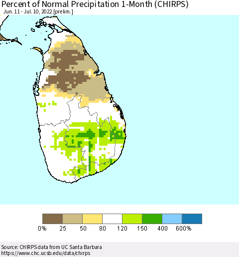 Sri Lanka Percent of Normal Precipitation 1-Month (CHIRPS) Thematic Map For 6/11/2022 - 7/10/2022
