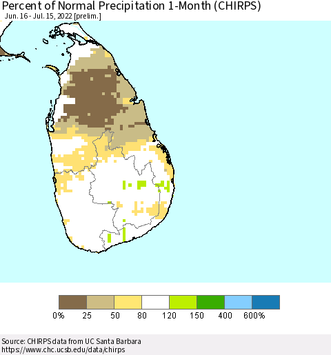 Sri Lanka Percent of Normal Precipitation 1-Month (CHIRPS) Thematic Map For 6/16/2022 - 7/15/2022