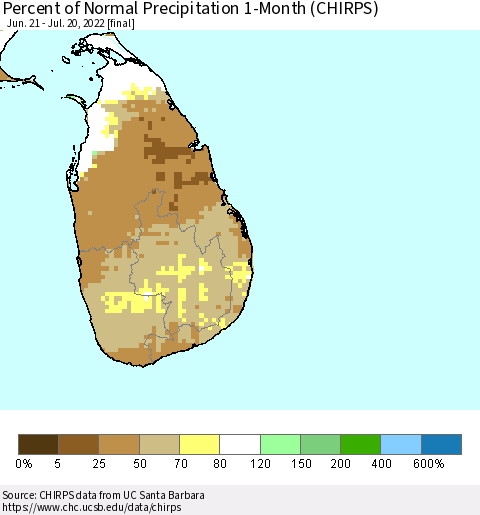 Sri Lanka Percent of Normal Precipitation 1-Month (CHIRPS) Thematic Map For 6/21/2022 - 7/20/2022