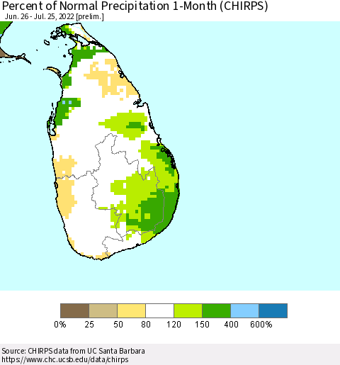 Sri Lanka Percent of Normal Precipitation 1-Month (CHIRPS) Thematic Map For 6/26/2022 - 7/25/2022