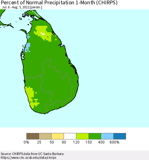 Sri Lanka Percent of Normal Precipitation 1-Month (CHIRPS) Thematic Map For 7/6/2022 - 8/5/2022