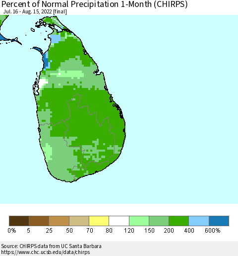 Sri Lanka Percent of Normal Precipitation 1-Month (CHIRPS) Thematic Map For 7/16/2022 - 8/15/2022