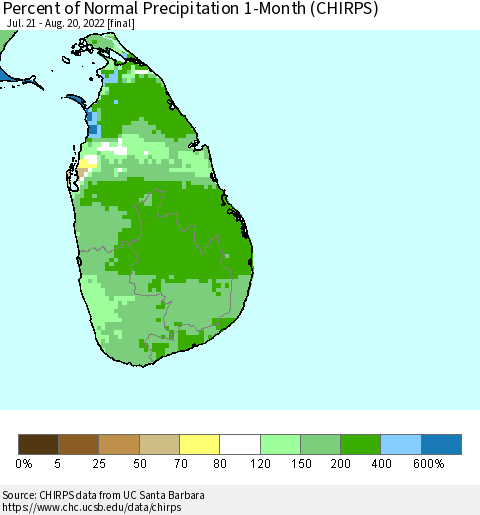Sri Lanka Percent of Normal Precipitation 1-Month (CHIRPS) Thematic Map For 7/21/2022 - 8/20/2022