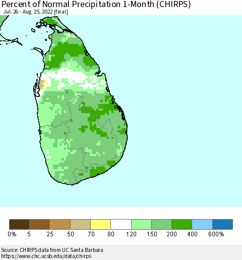 Sri Lanka Percent of Normal Precipitation 1-Month (CHIRPS) Thematic Map For 7/26/2022 - 8/25/2022