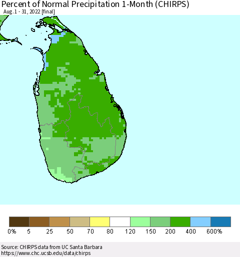 Sri Lanka Percent of Normal Precipitation 1-Month (CHIRPS) Thematic Map For 8/1/2022 - 8/31/2022