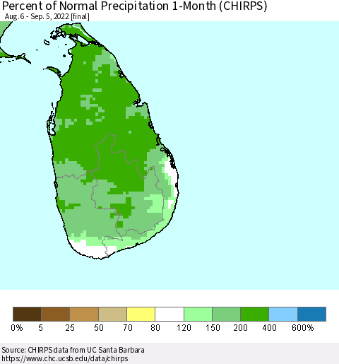 Sri Lanka Percent of Normal Precipitation 1-Month (CHIRPS) Thematic Map For 8/6/2022 - 9/5/2022
