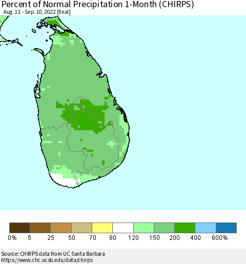 Sri Lanka Percent of Normal Precipitation 1-Month (CHIRPS) Thematic Map For 8/11/2022 - 9/10/2022