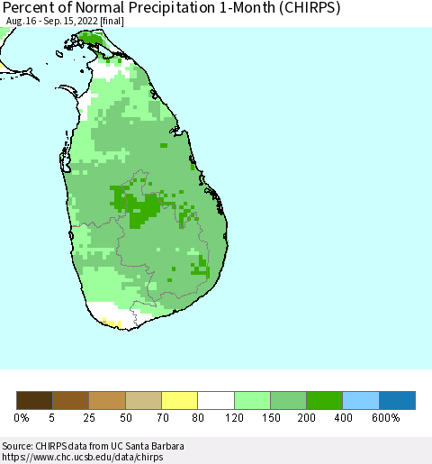 Sri Lanka Percent of Normal Precipitation 1-Month (CHIRPS) Thematic Map For 8/16/2022 - 9/15/2022