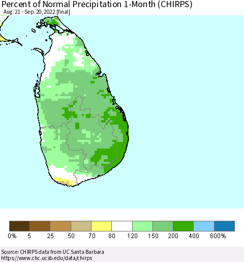Sri Lanka Percent of Normal Precipitation 1-Month (CHIRPS) Thematic Map For 8/21/2022 - 9/20/2022