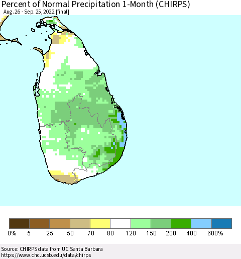 Sri Lanka Percent of Normal Precipitation 1-Month (CHIRPS) Thematic Map For 8/26/2022 - 9/25/2022